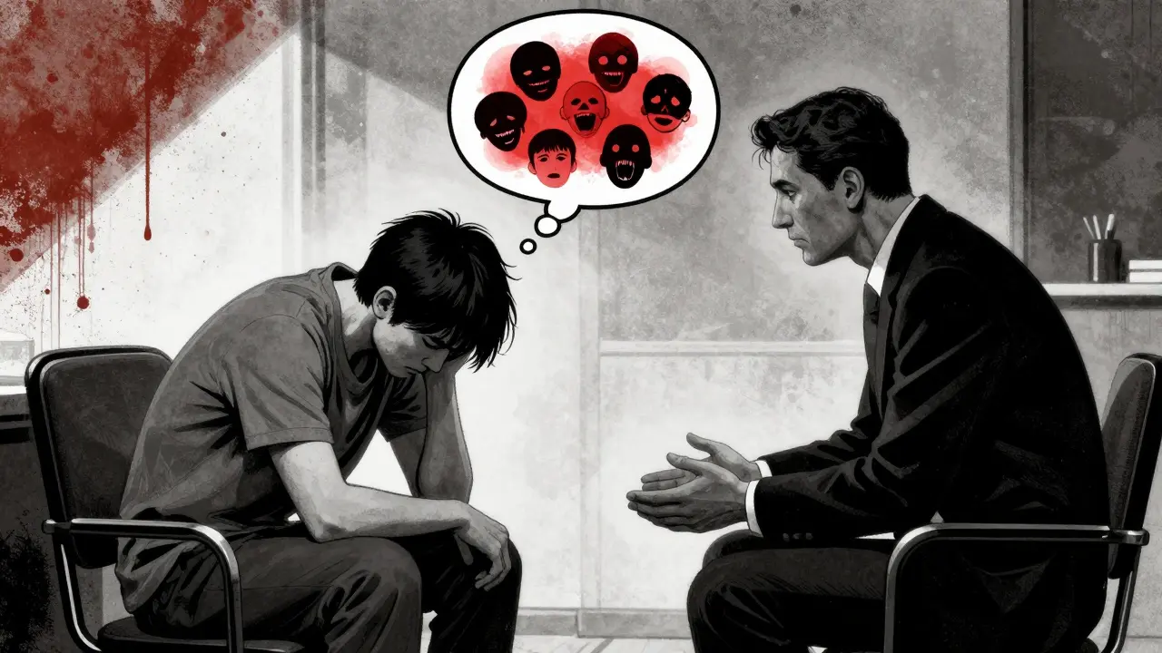 Terapeut a pacient v místnosti, pacient se zhrčeným tělem, terapeut s otevřenými rukama, nad hlavou pacienta myšlenky s úsměvy.