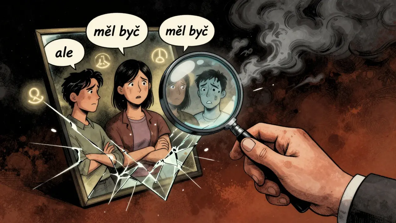 Terapeut používá lupu k prozkoumání rozděleného obrazu klienta s vnitřními hodnotami kolem.