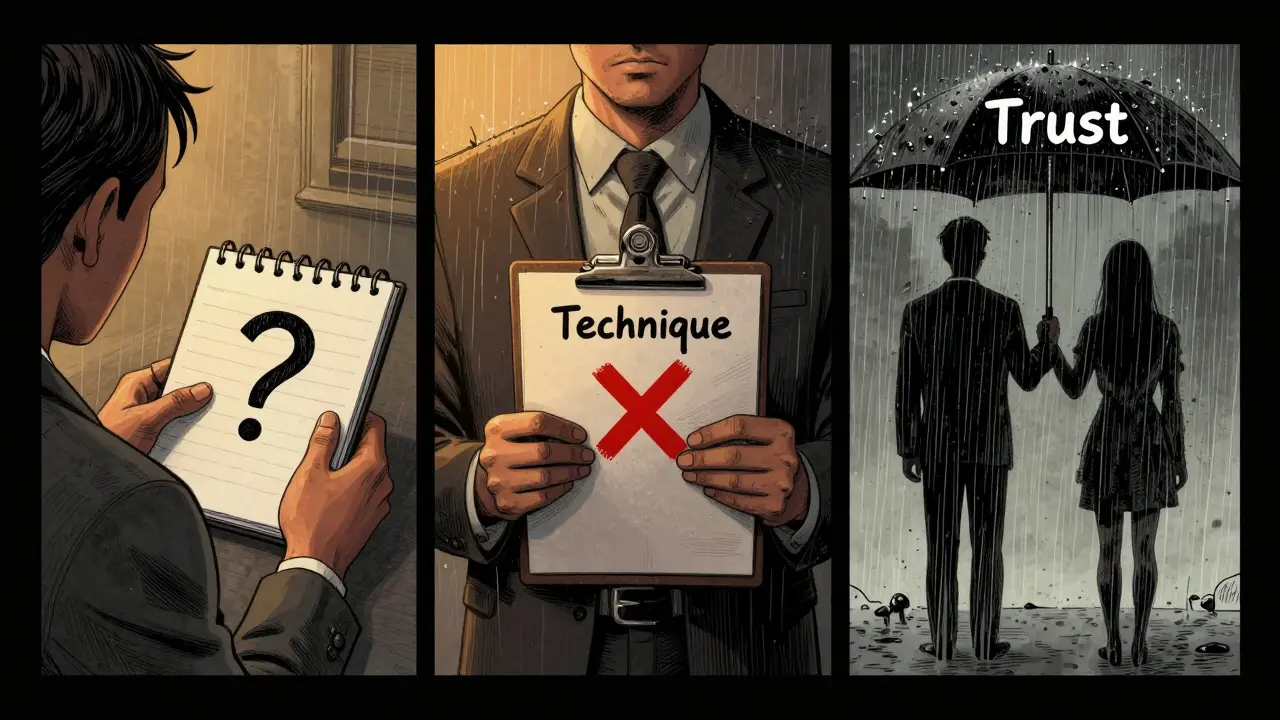 Tři panely: klient s poznámkami, terapeut s technikou a oba pod společným dešťovkem důvěry.