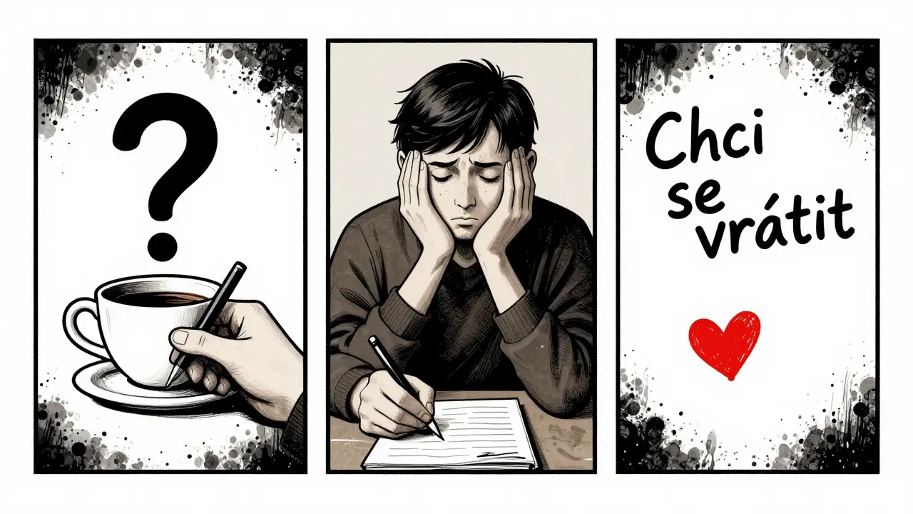 Tři panely ukazují klienta, jak si poznámky píše — otazník, křivka úsměvu, srdce.