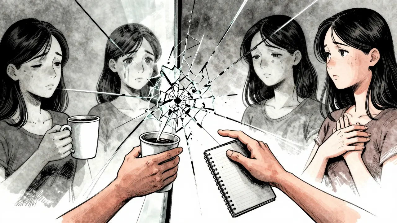 Tři ruce se dotýkají přes rozbité zrcadlo, odrazové tváře s různými emoce.