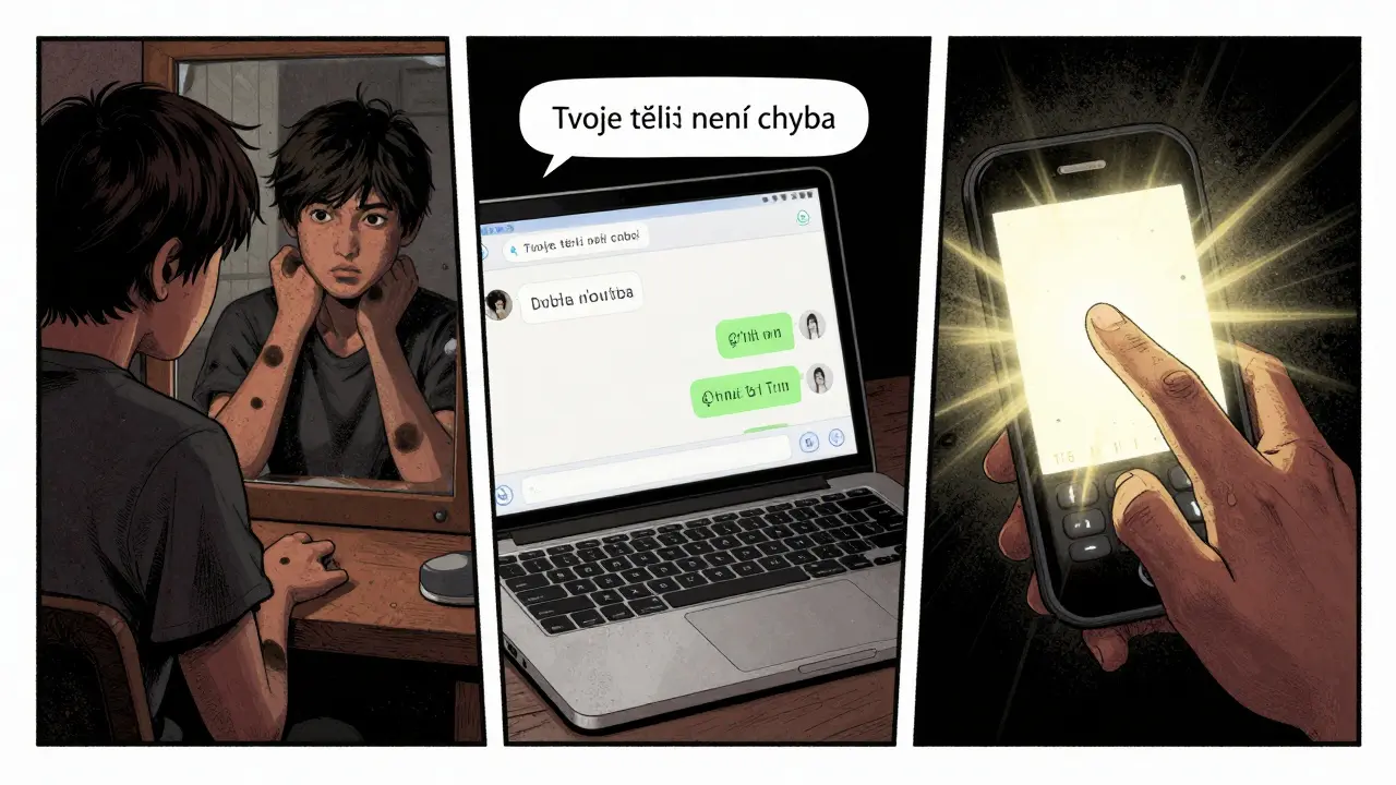 Tři scény: sebevražedné myšlenky, podporující zpráva, hovor na linku bezpečí.