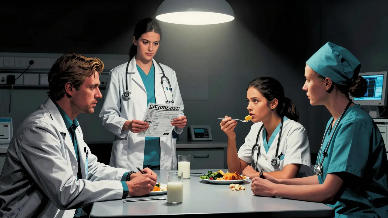 Tým lékařů pozoruje pacientku během jídla v nemocnici, záře z jedné žárovky osvětluje léčebný plán.