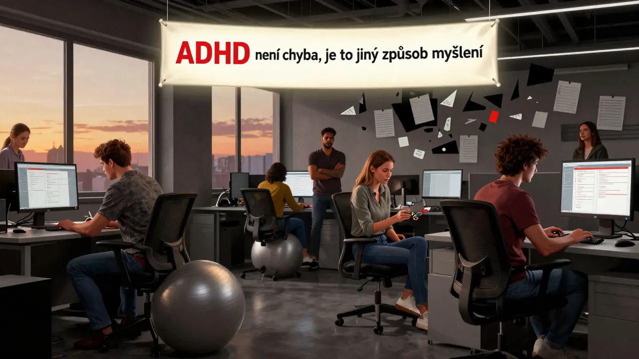 Tým v kanceláři s různými pracovními úpravami, nad nimi text: &#039;ADHD není chyba, je to jiný způsob myšlení&#039;.