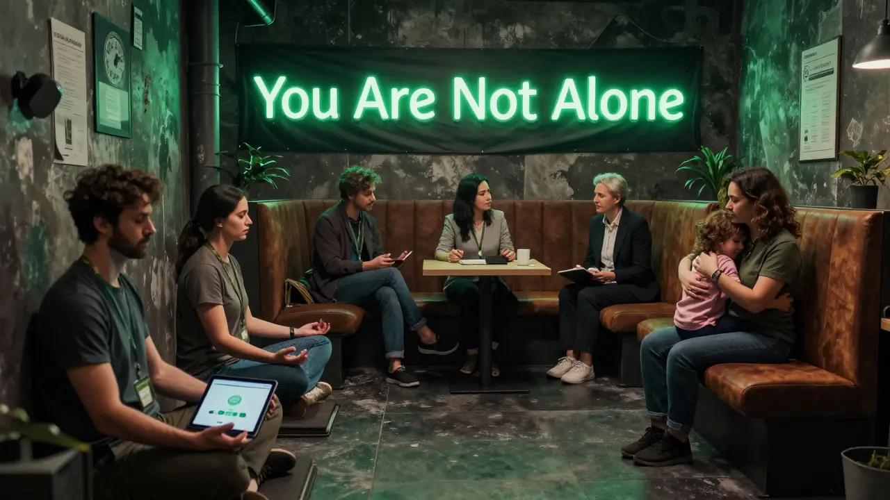 Zaměstnanci v kanceláři meditují, konzultují s psychologem a tráví čas s rodinou, v pozadí plakát s větou &#039;Nejsi sám&#039;.