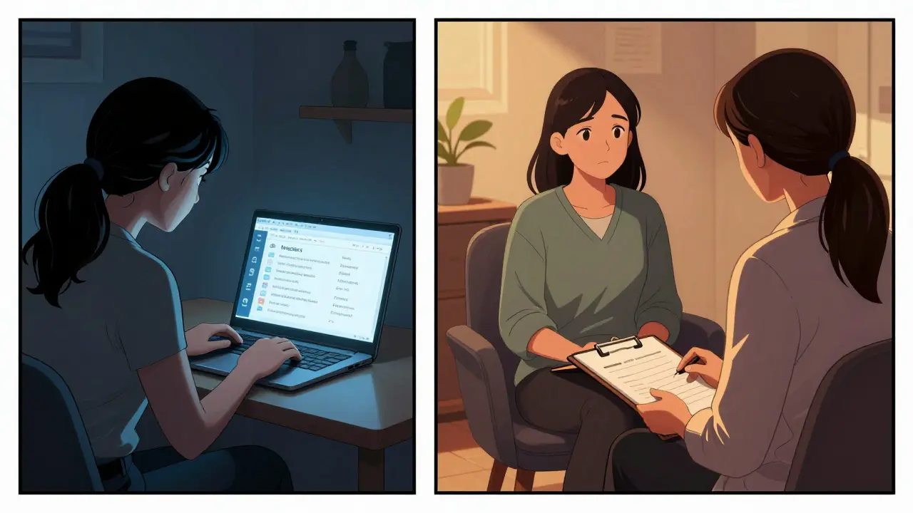 Žena na počítači hledá terapeuta, pak sedí v terapeutické místnosti s klidným terapeutem.