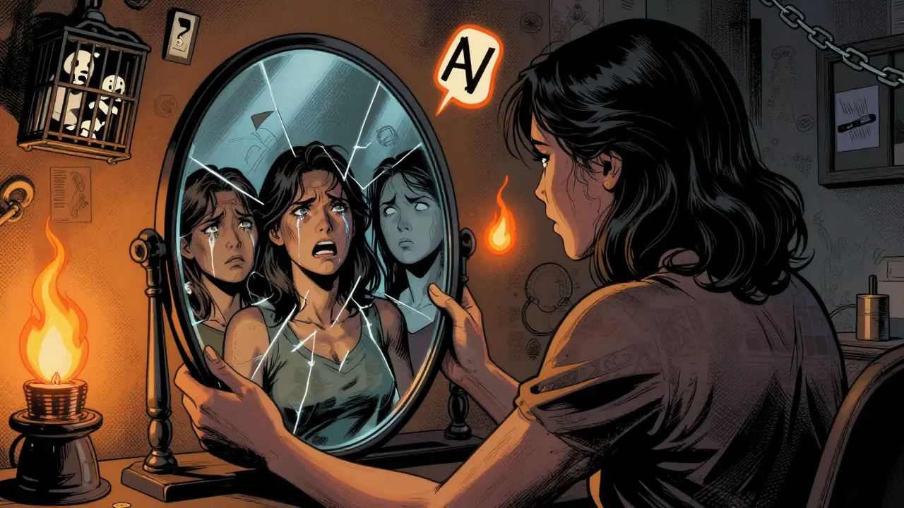 Žena v terapii drží rozbité zrcadlo, které odrazuje tři různé verze její sebe.