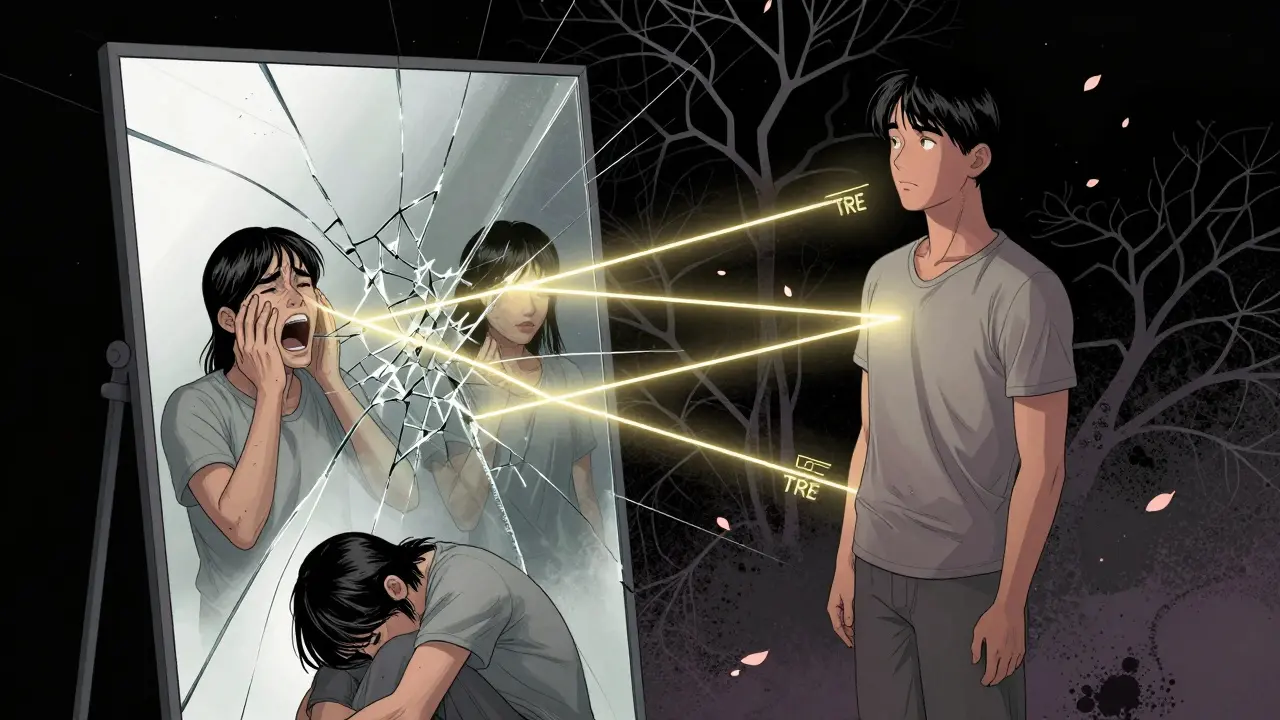 Zlomené zrcadlo zobrazuje tři stavy duše — strach, útěk a klid — spojené zlatými linemi.