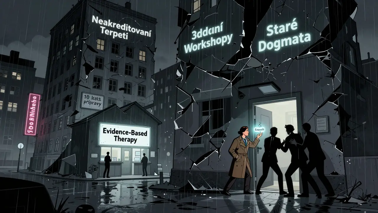 České město s rušnými budovami nekvalifikované terapie a malým světlým centrem evidence-based terapie.