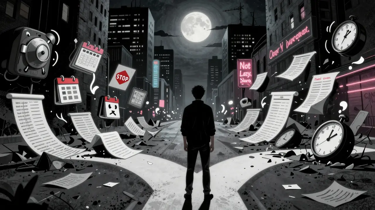 Člověk na křižovatce mezi řádem a chaosem, symboly techniky STOP a zapomenutých úkolů pod noirem městem.