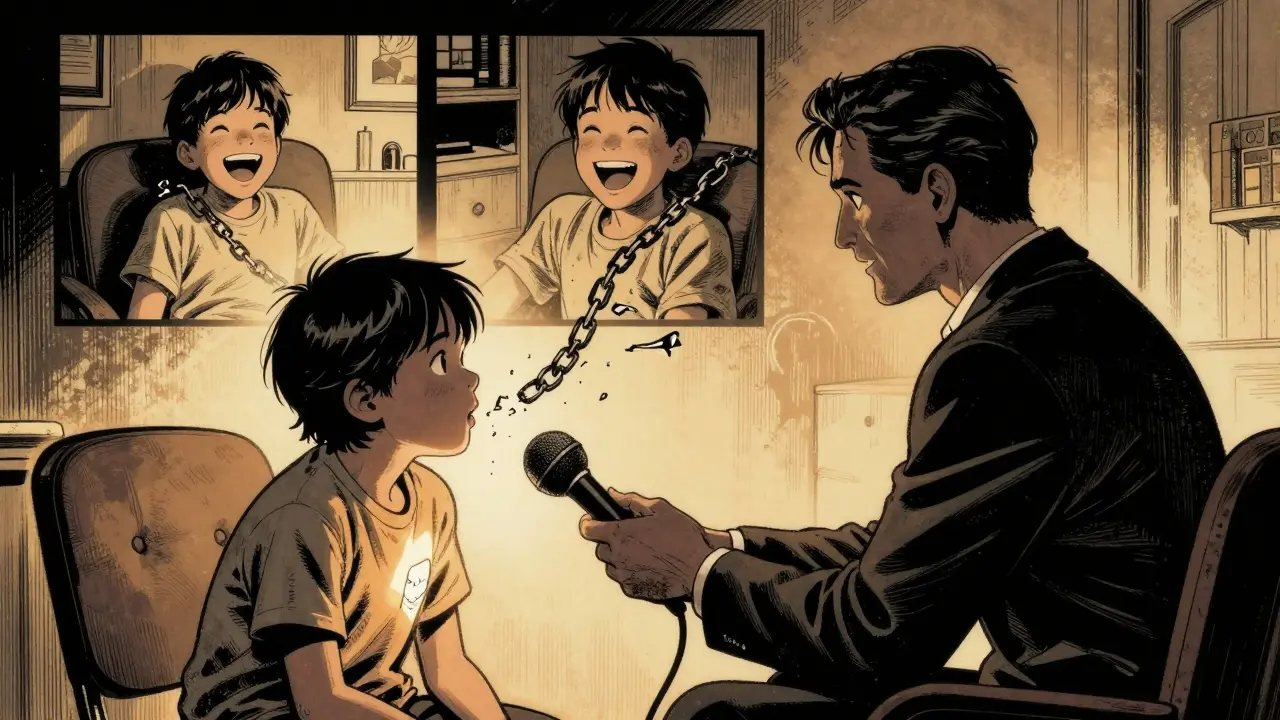 Dítě šepce do mikrofonu během terapie, z jeho hrudi se rozpadají řetězy strachu.