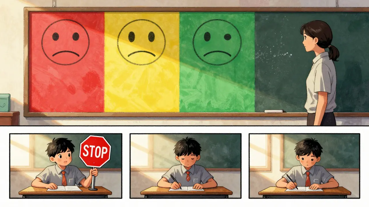 Dítě v třídě s červeno-žluto-zelenou tabulí emocí, ruka nad značkou STOP, učitelka pozoruje klidně.