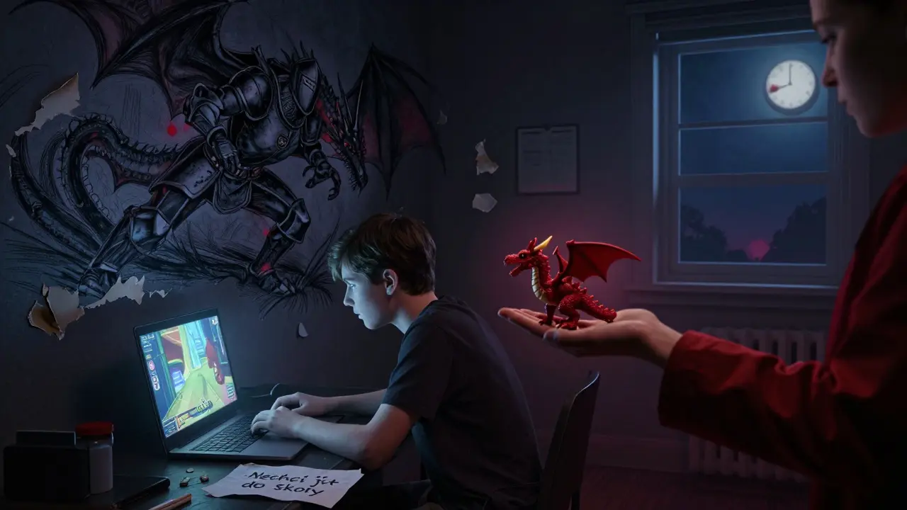 Dospívající v pokoji, obraz na zdi ukazuje rytíře bojujícího s drakem, terapeut nabízí hračku.