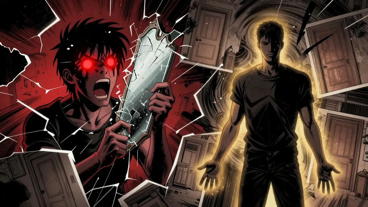 Dvě postavy v rozbitém panelu — jedna výbuchem emocí, druhá klidně stojí, symbolizující konflikt a stabilitu ve vztahu.