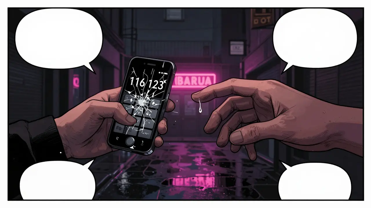 Dvě ruce se snaží spojit přes telefonní obrazovku s číslem 116 123, kapka slzy padá na sklo.