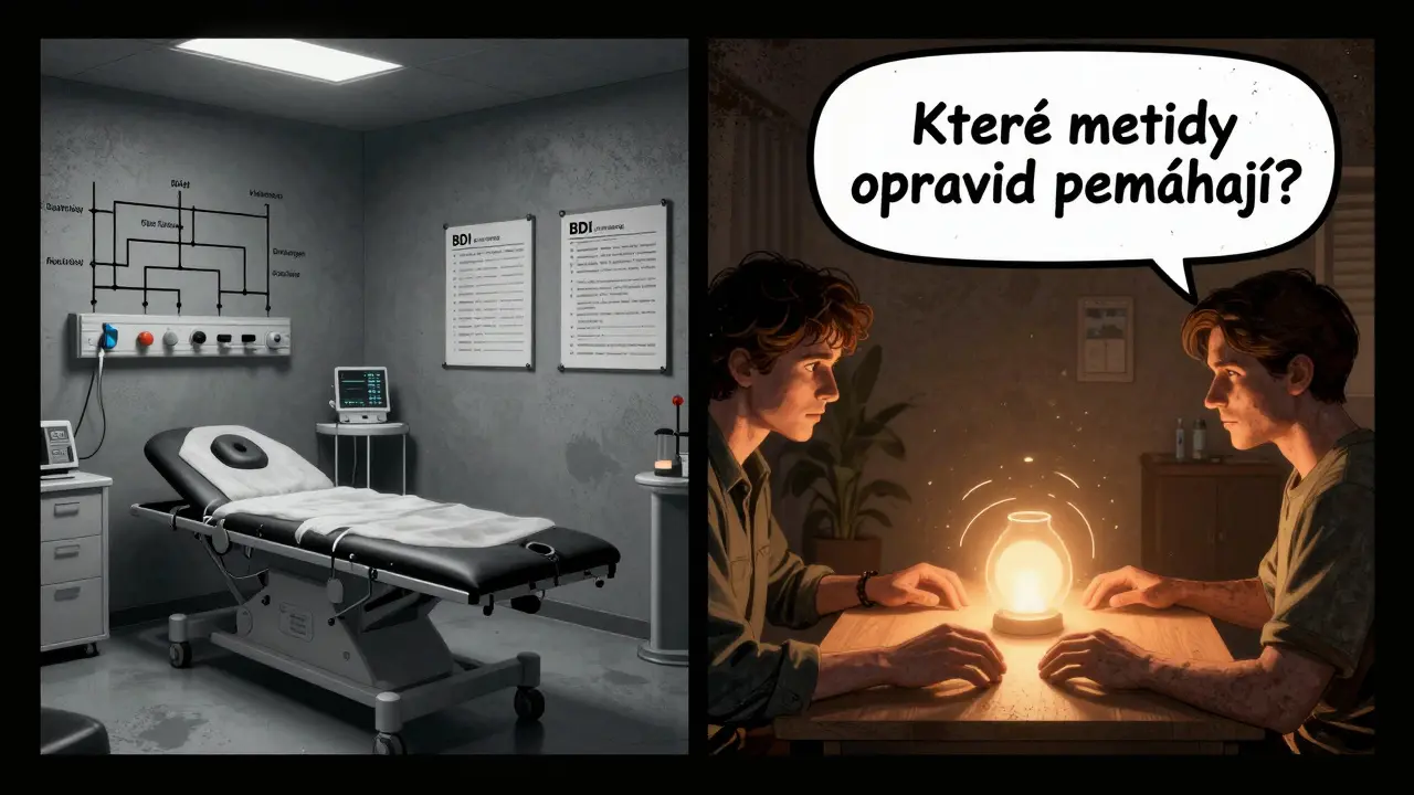 Dvě scény terapie: mechanická KBT na jedné straně, lidská spojení na druhé, v noir stylu.