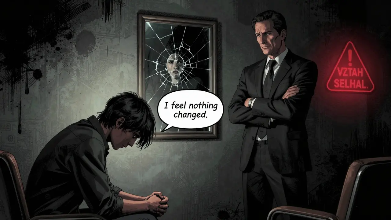 Klient a terapeut v napětí, klient říká 'Nic se nezměnilo,' terapeut se obrání, za nimi prasklé zrcadlo.