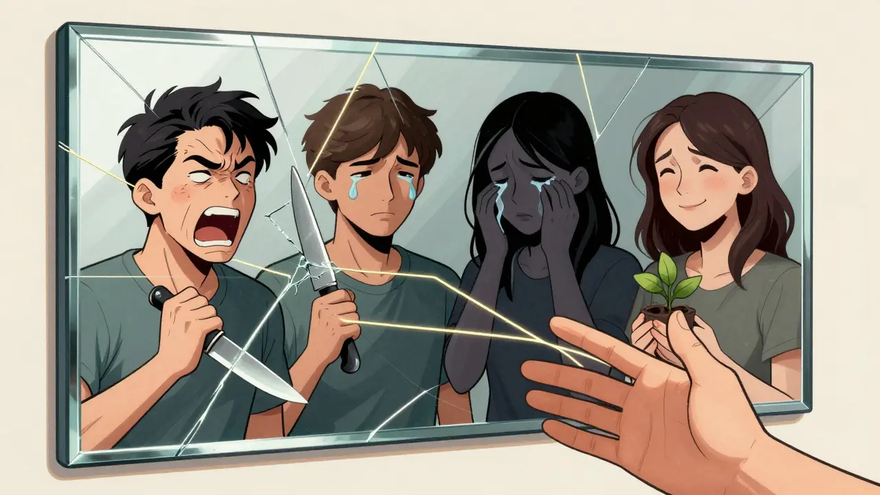 Lomené zrcadlo s čtyřmi verzemi člověka, spojenými zlatými nitěmi.