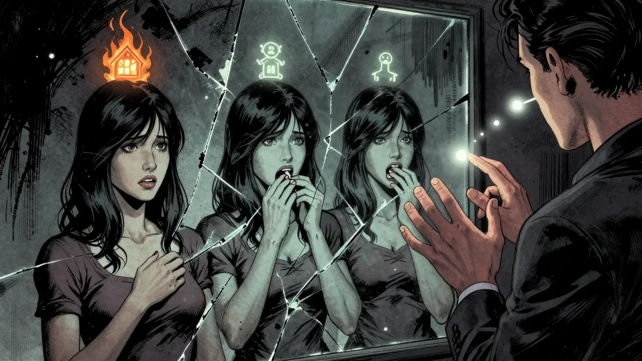 Lomí se zrcadlo na tři verze ženy s příznaky poruchy příjmu potravy, za ní ruka terapeuta s EMDR stimulací.