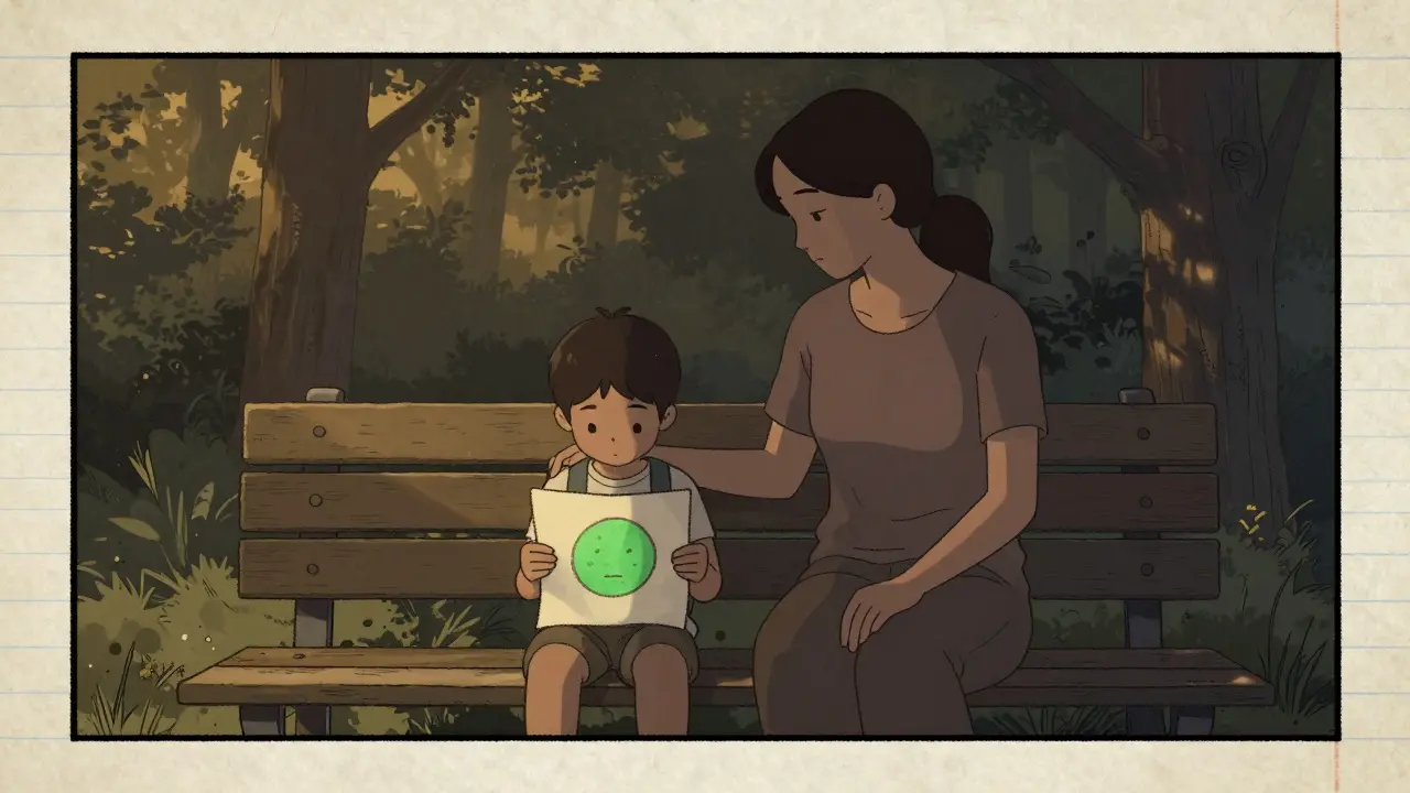 Matka a dítě sedí tichy na lavičce v soumraku, jen klidná přítomnost a mír mezi nimi.