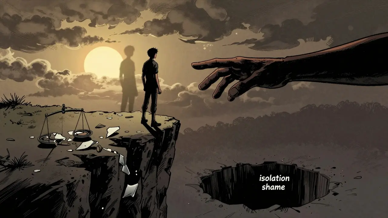 Mladý člověk táhne k ruce přítele na okraji útesu, za ním tmavá propast a světlo vzdáleného slunce.