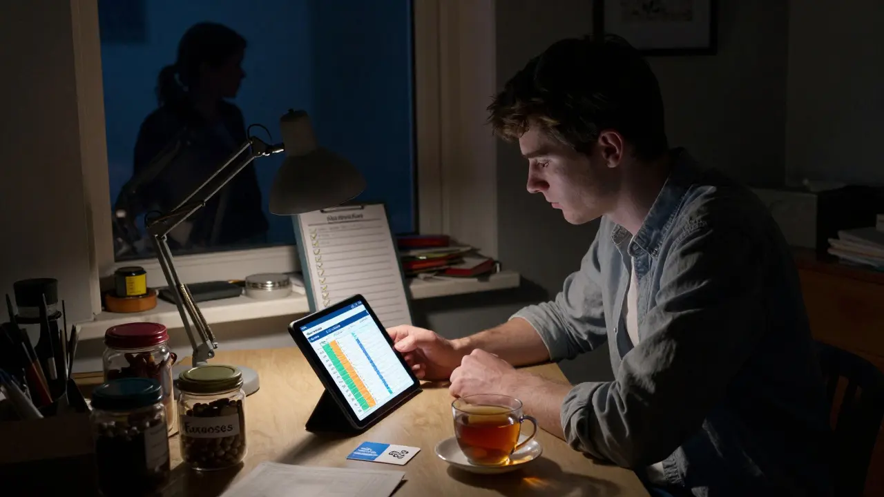 Mladý muž s PAS spravuje rozpočet v bytě, barvy a aplikace pomáhají, rodič ho pozoruje z okna.
