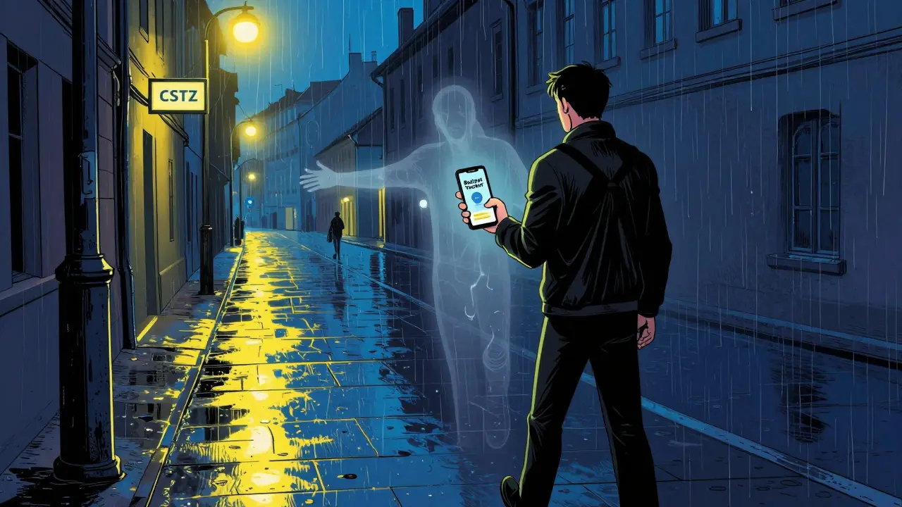 Muž kráčí deštivou ulicí, za ním se rozplynuvší duch závislosti, před ním svítí známka CSTZ.