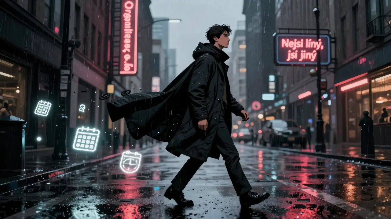 Osoba jde ulicí s viditelnými nástroji ADHD správy jako kapesním kapekem.