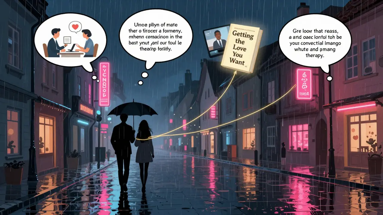 Pár v Praze pod deštěm, jejich cesta spojená zlatými nitěmi s dětstvím.