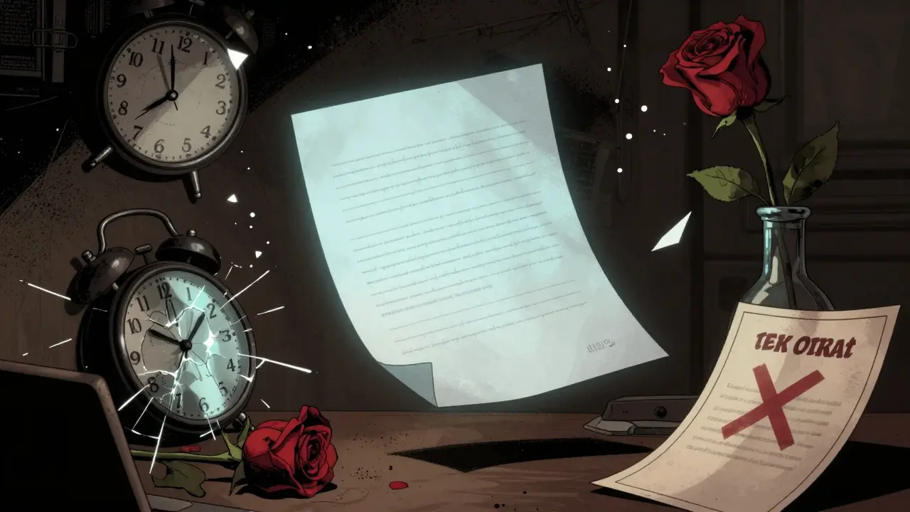 Písemná stížnost plave nad kancelářským stolem, kolem ní symboly porušení hranic a ztracené důvěry.