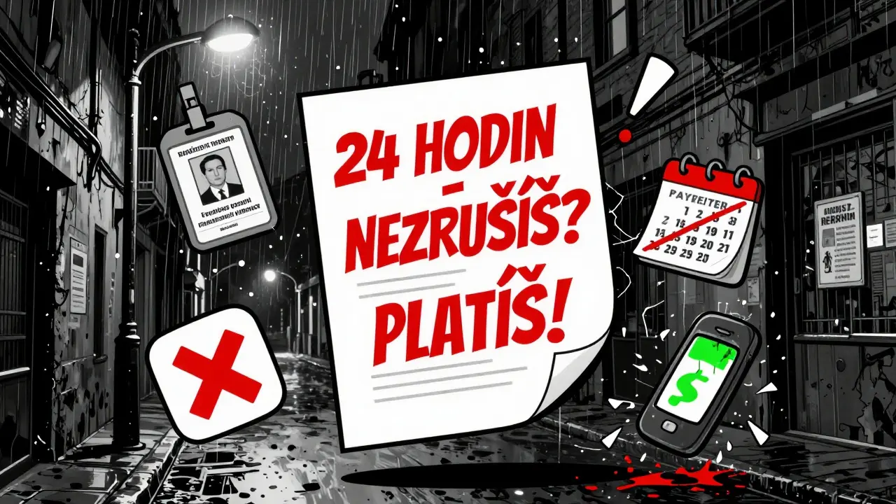 Plovoucí smlouva s červeným varováním o zrušení termínu v temné ulici.