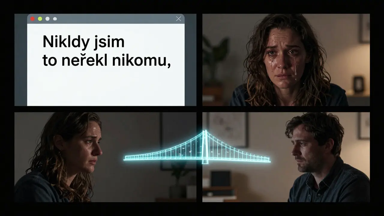 Přechod od e-mailu k videohovoru: klient pláče, terapeut ho vidí, spojuje je světlo.