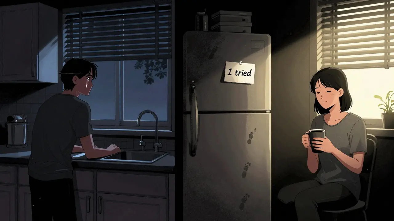 Přechod od samoty k naději: osoba nejprve pláče v kuchyni, později se usmívá po terapii.