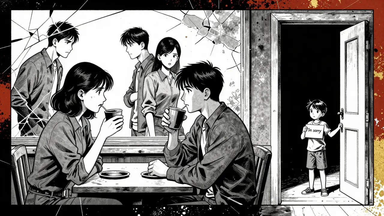 Rodiče piji kávu, jejich odrazy ukazují staré konflikty, dítě sleduje z dveří.