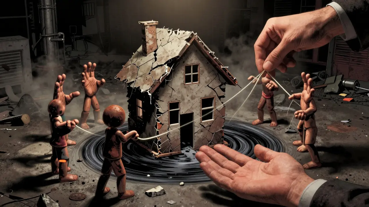 Rodinný systém jako zhroutivší dům z rukou, spojený jen tenkým světlem.