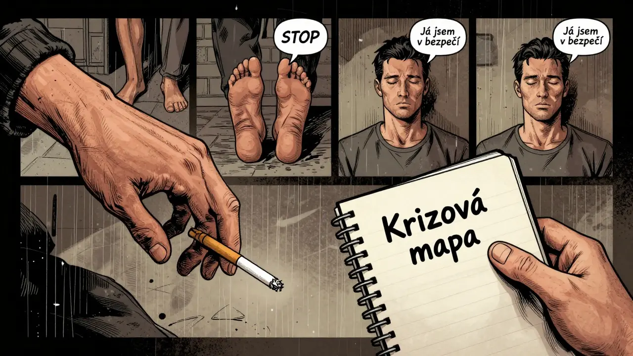 Ruka drží papír s krizovou mapou, zároveň je vidět postupná uvolňování svalů v pozadí.