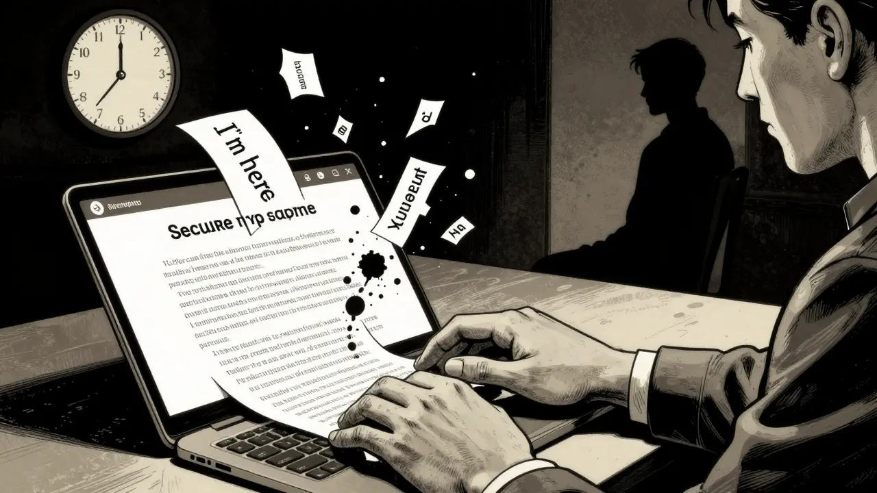 Ruka terapeuta píše bezpečnou zprávou, kolem plavou emocionální výrazy ve stínech.