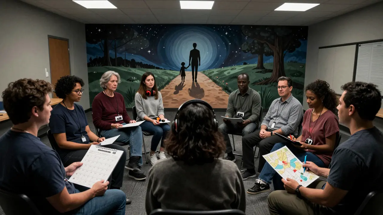 Skupina dospělých s PAS v komunitním prostoru drží personalizované nástroje, terapeut je vede k autonomii.