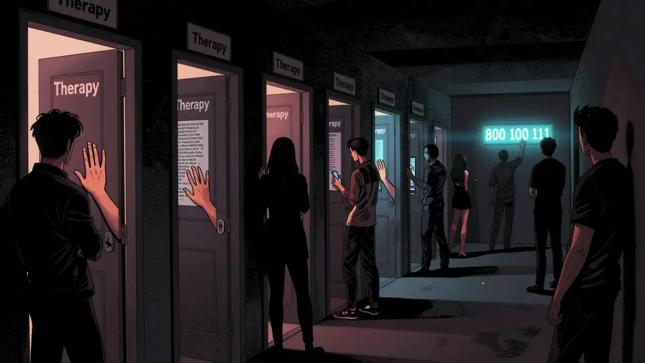 Skupina lidí stojí v chodbě terapeutických kanceláří, každá dveře odhaluje skryté porušení, na konci září bezplatná linka.