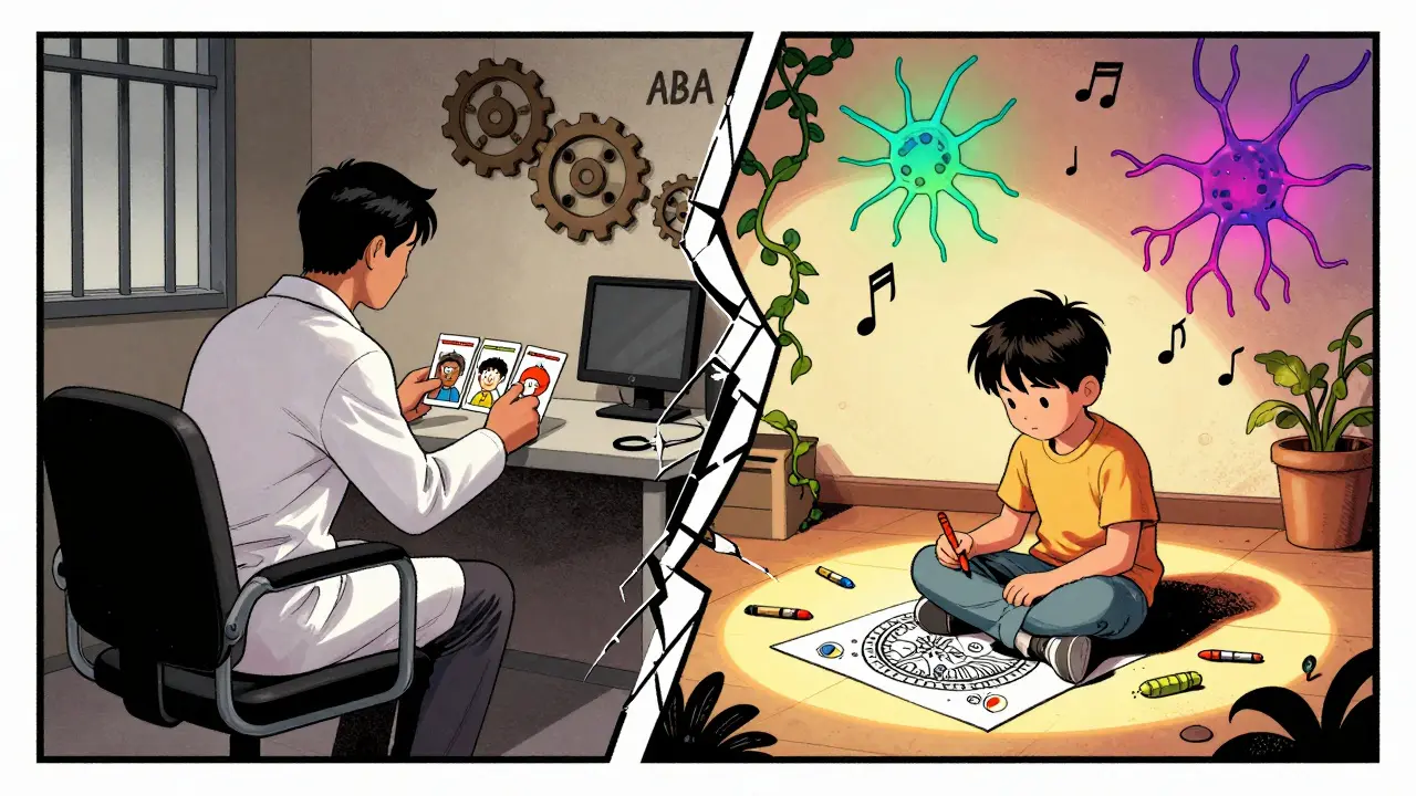 Split scene: forced therapy on one side, free expression on the other, with neurons and gears.