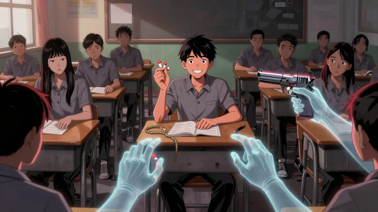 Student smiling in classroom while ghostly hands holding dangerous objects emerge from beneath desks.