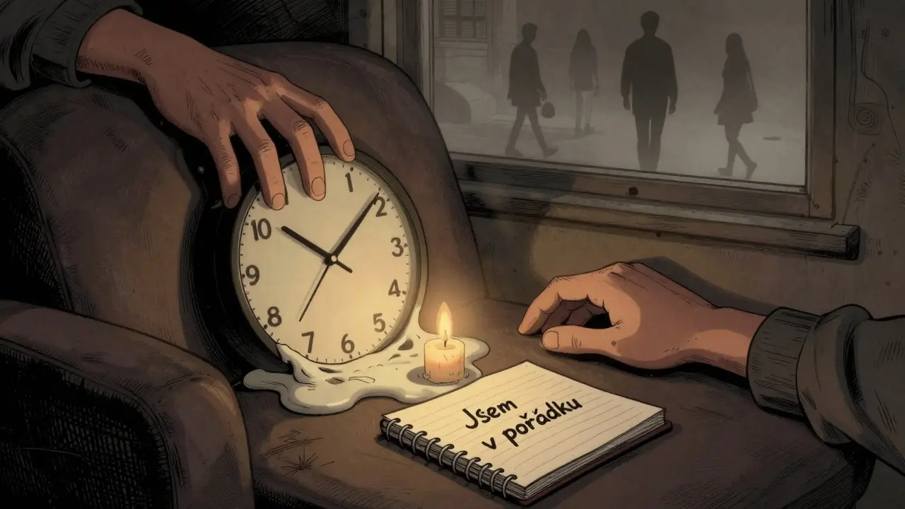 Taječné hodiny na křesle s notebookem, kde je napsáno 'Jsem v pořádku', zatímco lidé odejdou do mlhy.