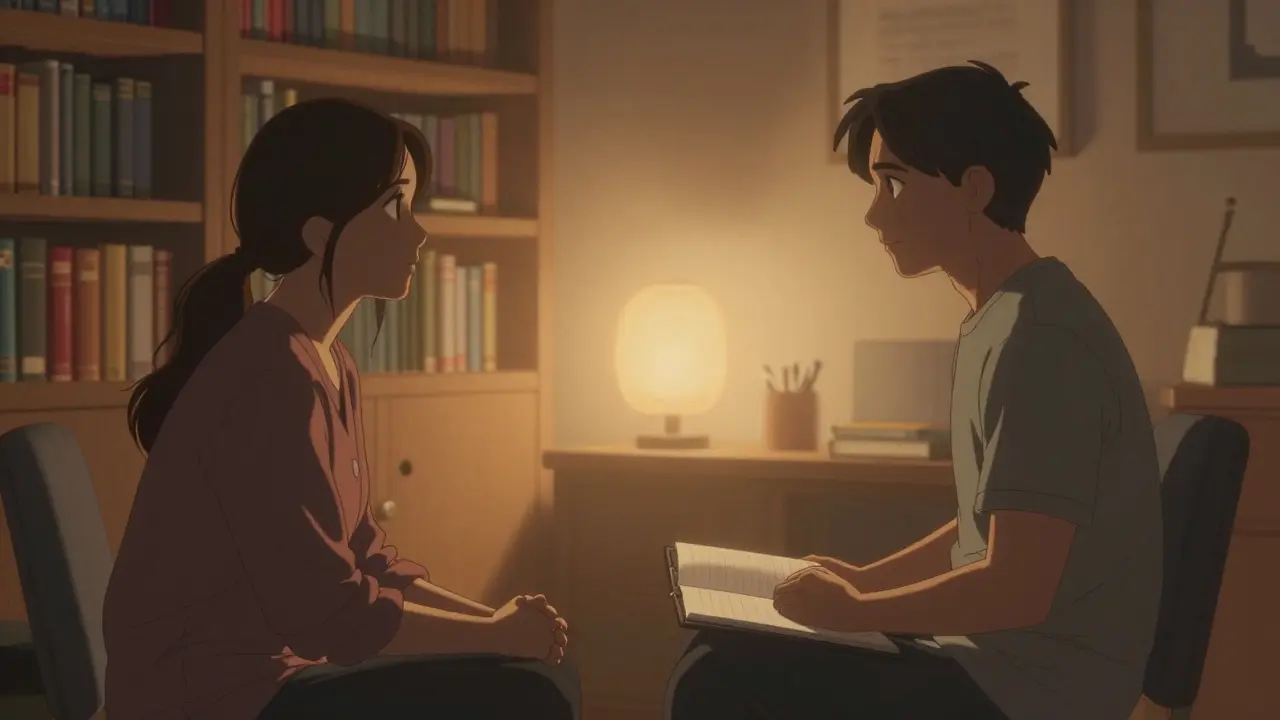 Terapeut a klient sedí v tichosti během prvního sezení, osvětlení je teplé a klidné.