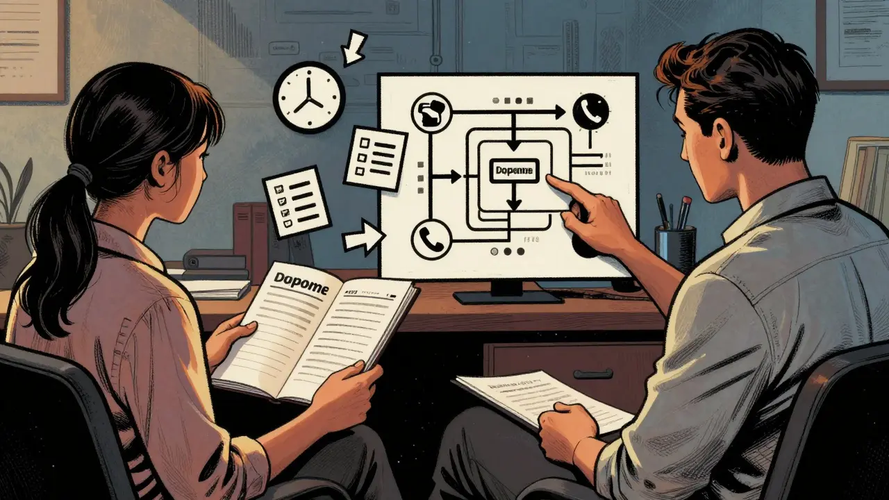 Terapeut a klient spolu hledají na plánu vizuální nástroje pro organizaci dne.