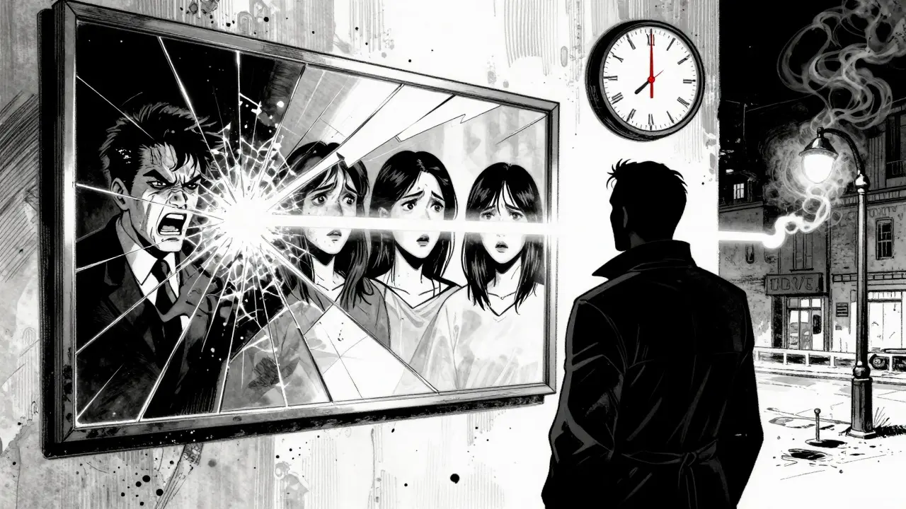 Terapeut udržuje stabilitu, když jeho ruka vytváří světelnou čáru přes rozbité zrcadlo emocí.