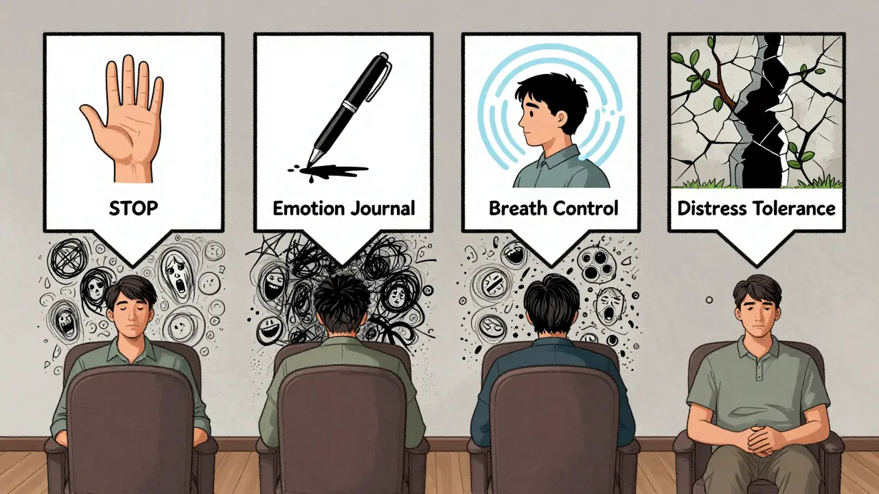 Terapeutická místnost s čtyřmi plavajícími paneli znázorňujícími DBT dovednosti.