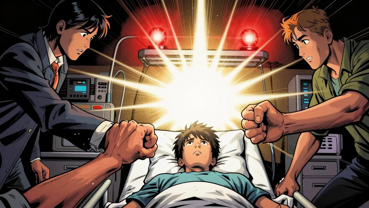 Three hands reaching toward a teenager on a hospital gurney, emergency lights flashing in background.