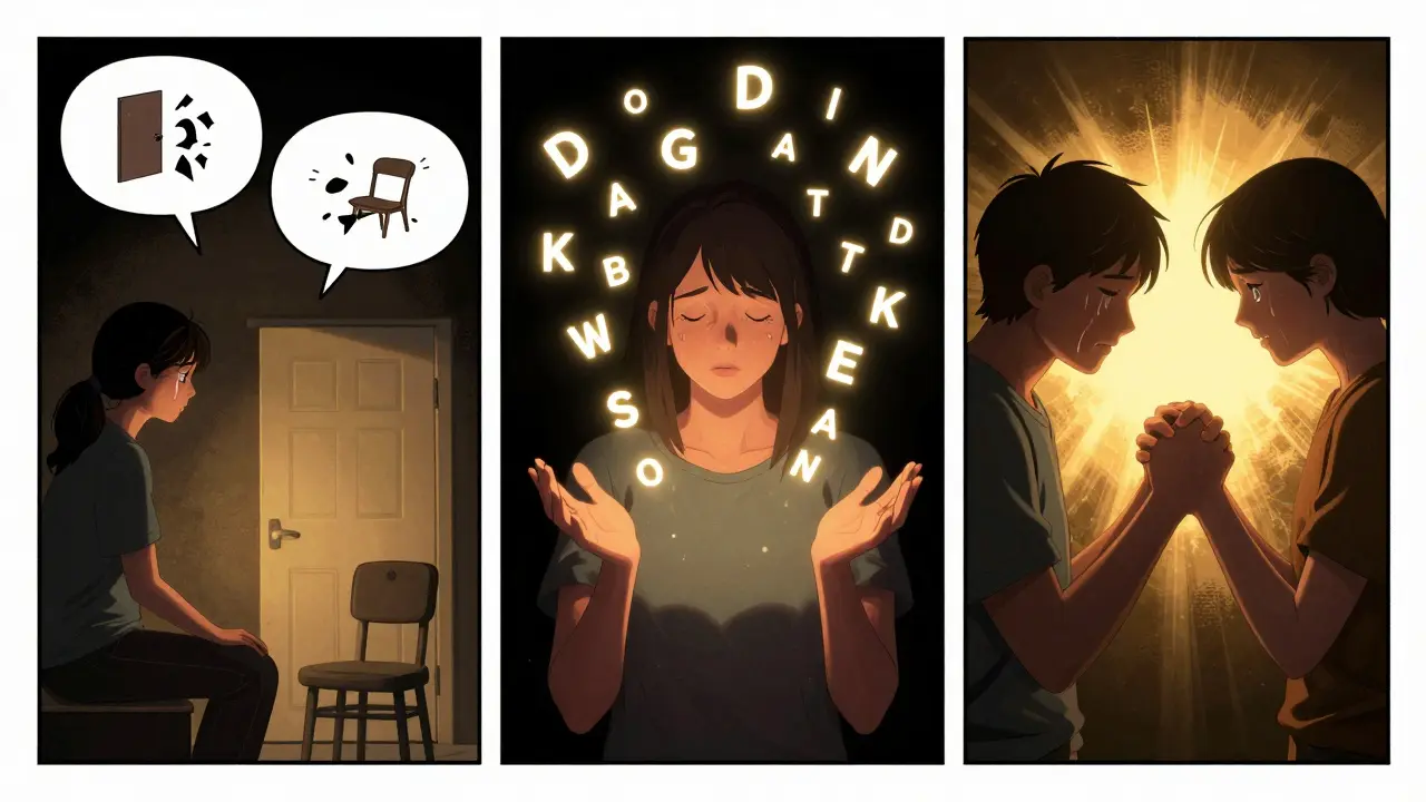 Tři panely ukazující proces Imago dialogu s duševním spojením.