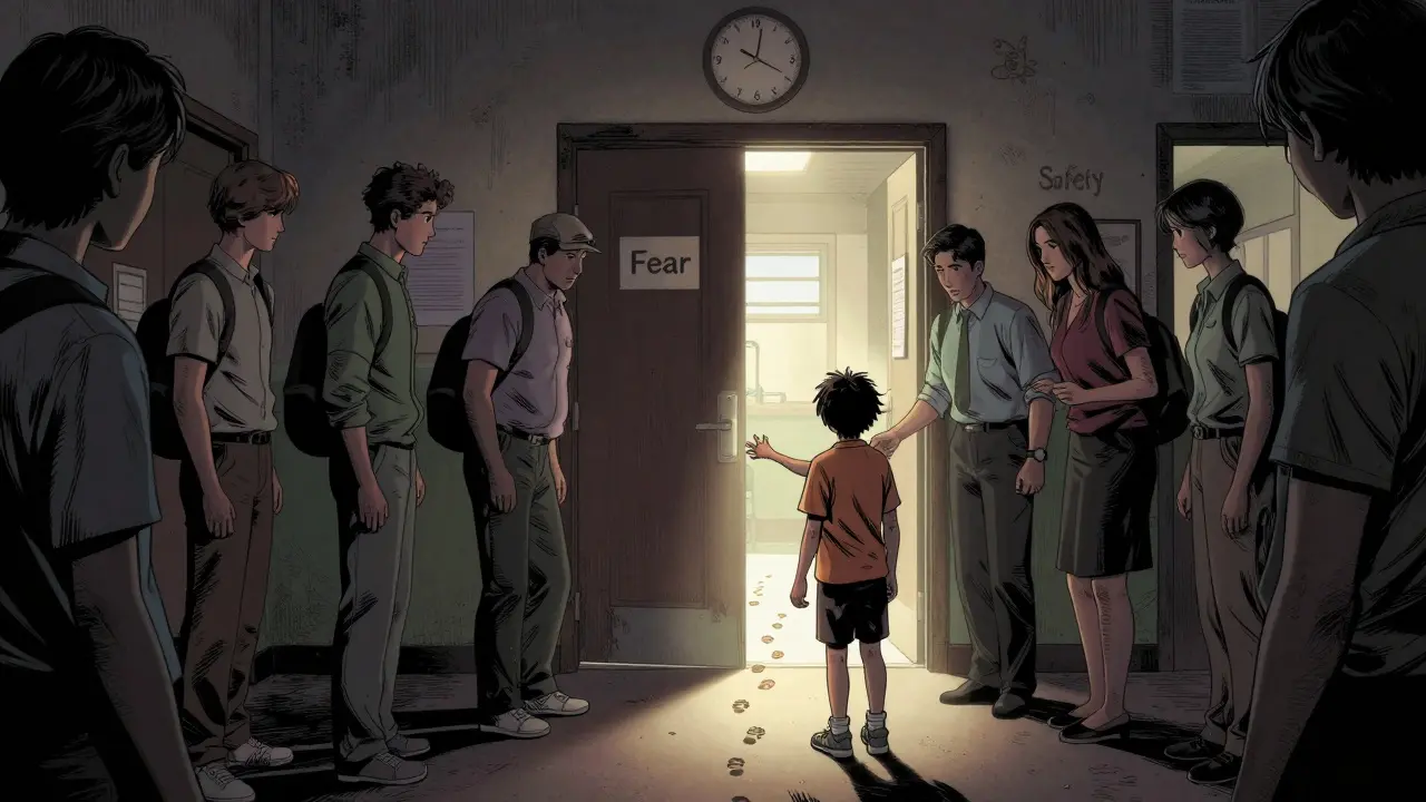 Tým terapeutů vedoucí dítě k otevřeným dveřím, cesta z temnoty k bezpečí.