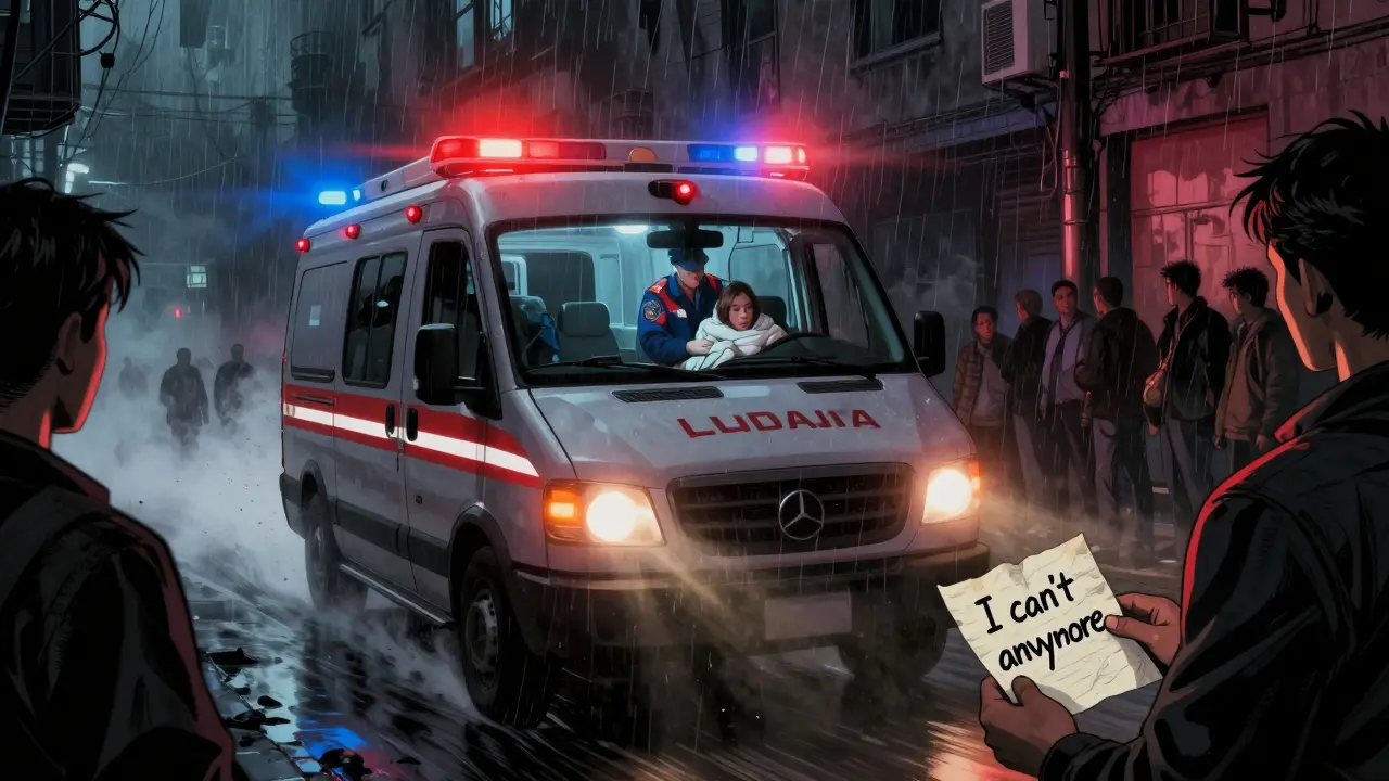 Záchranné vozidlo projíždí ulicí v bouřce, v autě záchranář drží ruku pacienta, venku lidé odvrací pohled.